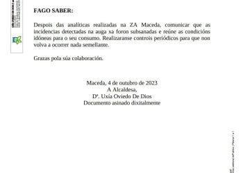 A AUGA de Maceda XA E POTABLE