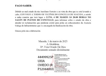 O Concello de Maceda convoca aos veciños para informalos sobre as obras na rua Aureliano Ferreiro